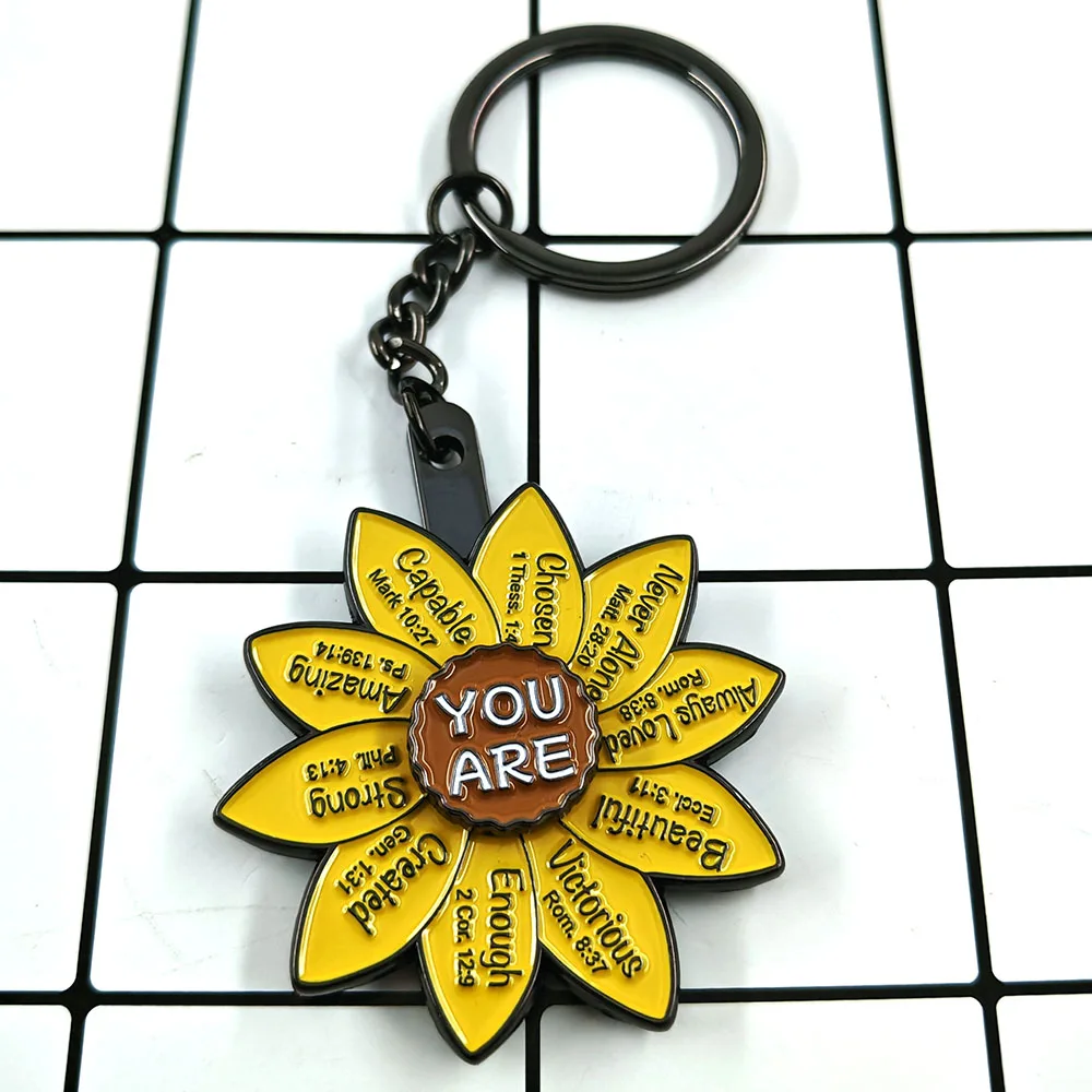 Sunflower Heart Healing Keychain Flower Petal Engraved Inspirational Phrase Pendant YOU ARE Series Keychain Key Ring Decoration