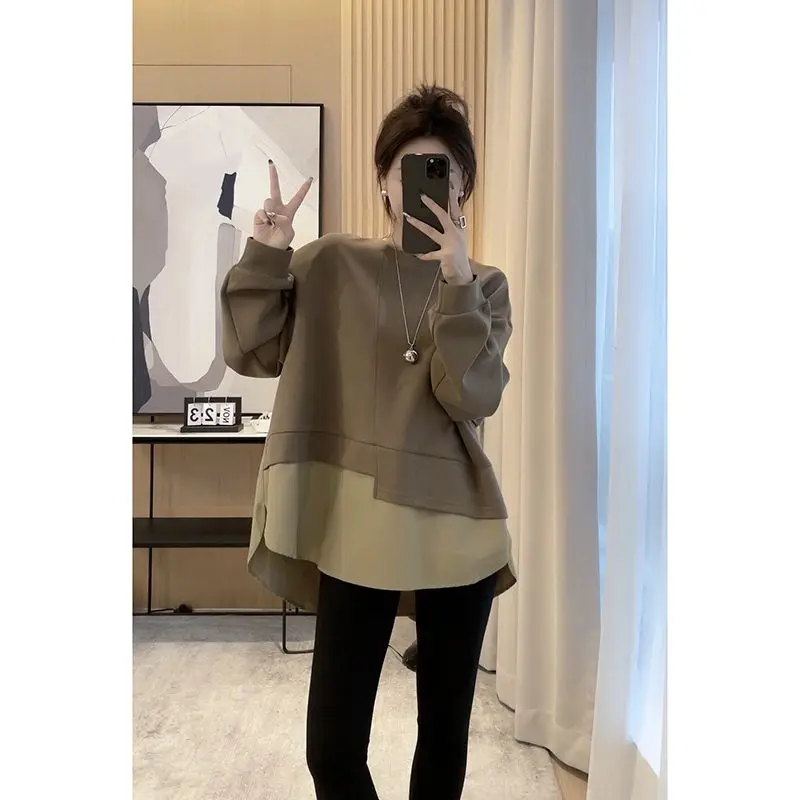 Fashion O-Neck Spliced Fake Two Pieces Blouses Women\'s Clothing 2023 Autumn Winter Loose Casual Pullovers Asymmetrical Shirts