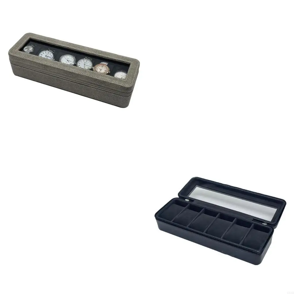 

Watch Holder with Glass Lid Leather Watch Case Storage Box for Men Women 6Slot Zipper Case Watch Display Storage Case