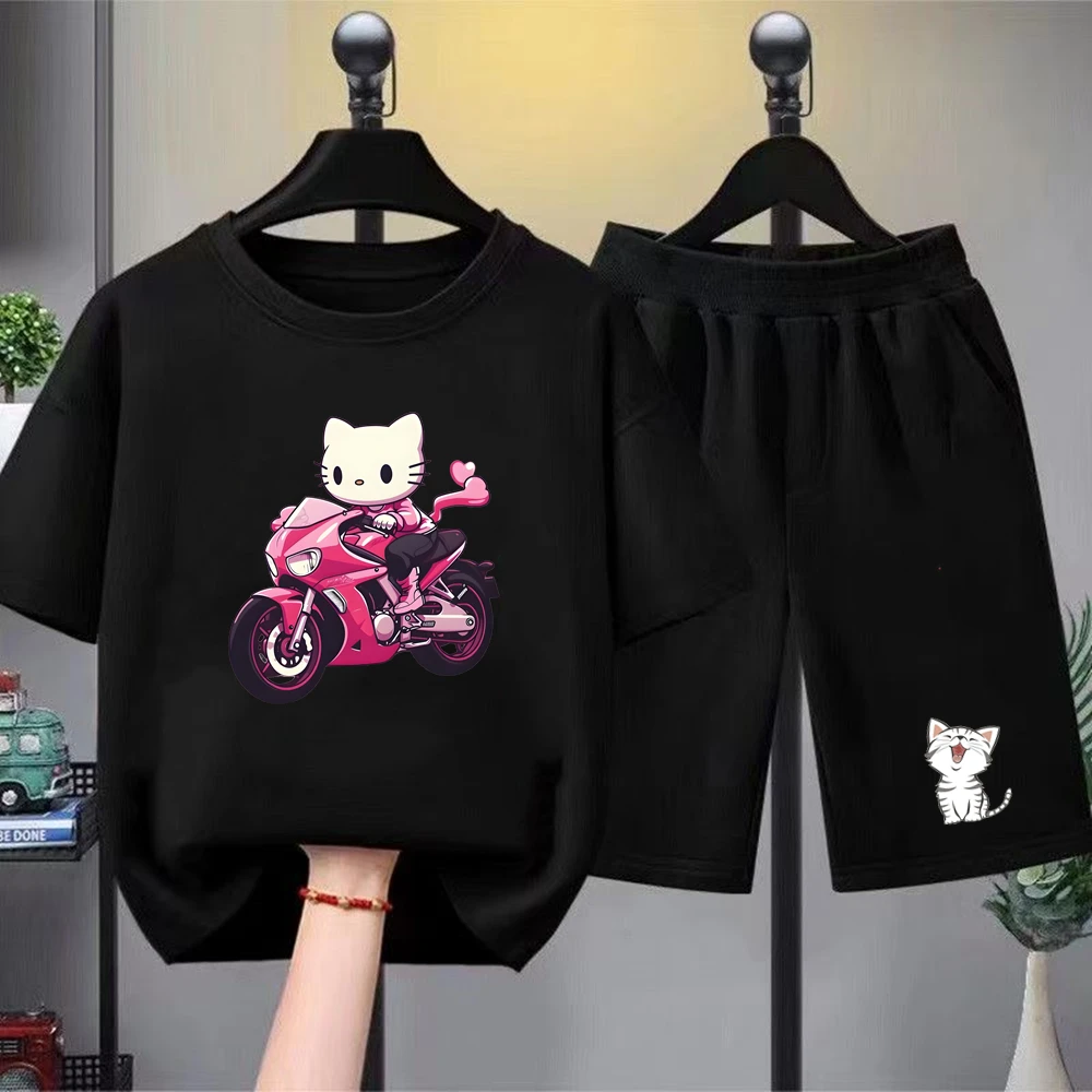 

Children's Summer boy Girls Casual TShirt Set kitten Printed Kids Outfits Teen O Neck Short Sleeve Tops Shorts 2pcs