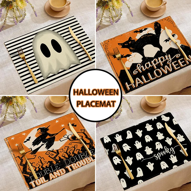 

Halloween Linen Placemat Spider Web Pumpkin Bat Decoration Tablemat Halloween Restaurant Holiday Decor Props Heat Insulation Mat