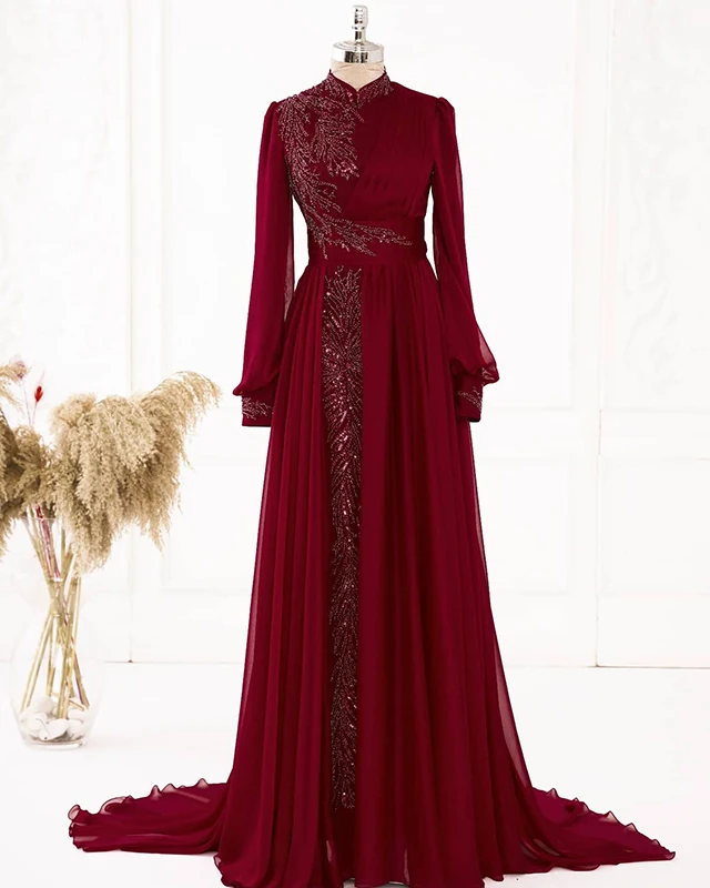 

Burgundy Chiffon Beaded Long Sleeve Muslim Evening Gown Appliques Party Dresses Moroccan Caftan High Neck Robe De Soirée