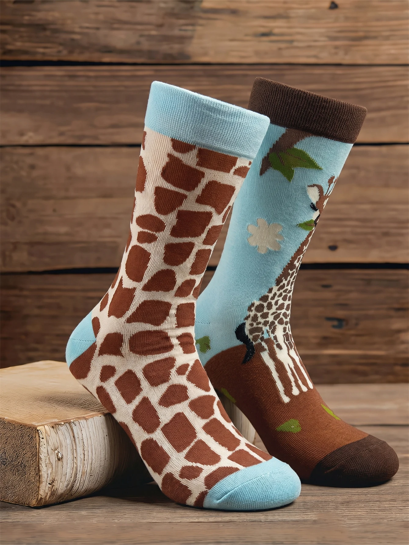 Unisex Niedliche Asymmetrische Giraffen-Print Crew-Socken aus Baumwolle für Herren, Lustige Tiermuster Wadenlange Socken, Weiche Alltagssocken, Neu