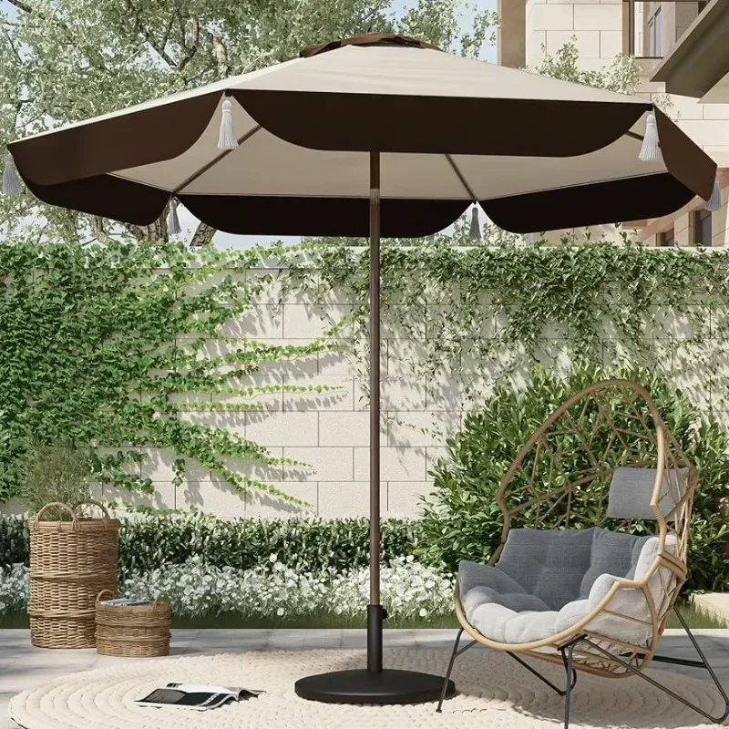 9FT Patio Umbrella with Fringe, Outdoor Tassel Umbrella with Push-Button Tilt for Poolside, Deck, Garden