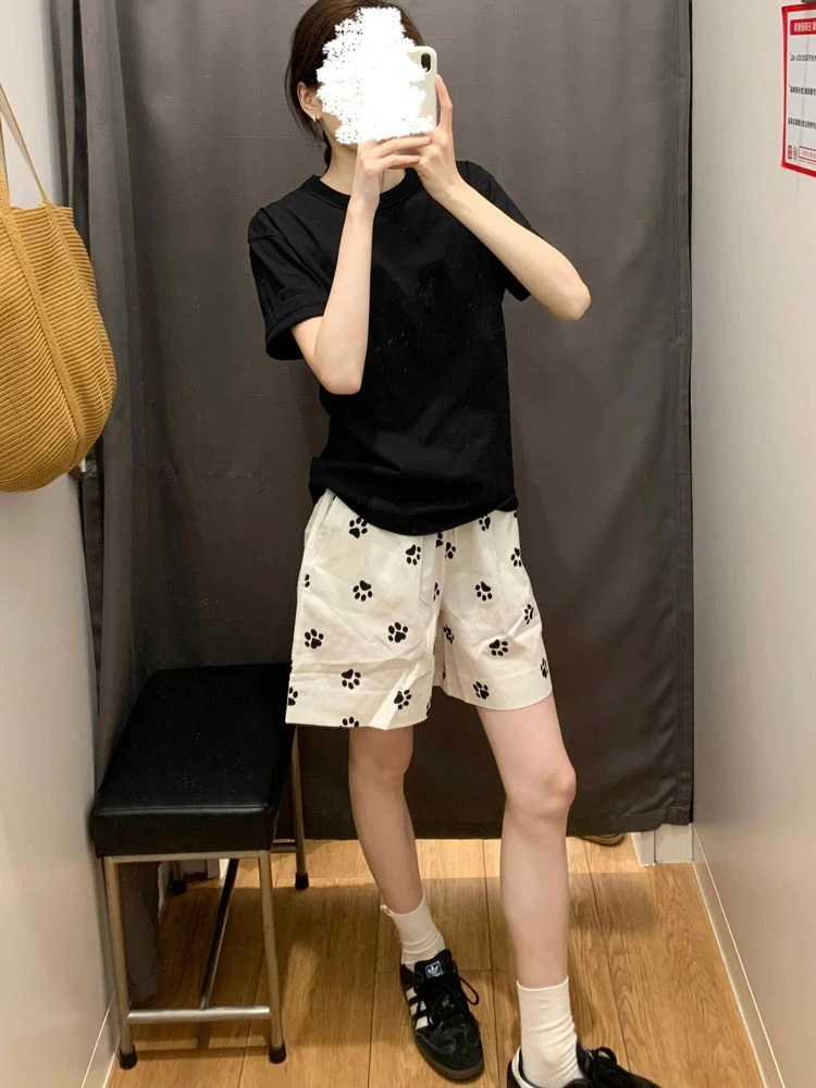 Niedlicher Hund mit Fußabdruck, lässig, für Damen, hohe Taille, weites Bein, Sport, Outdoor, Zuhause, Fünfviertel-Länge, Sommer, neue Sle