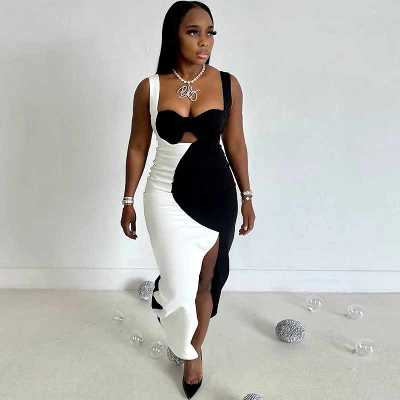 Women\'s Black & White Color Spliced Halter Hollow-Out Chest Wrapped Sleeveless Dress, Split, Backless, Sexy