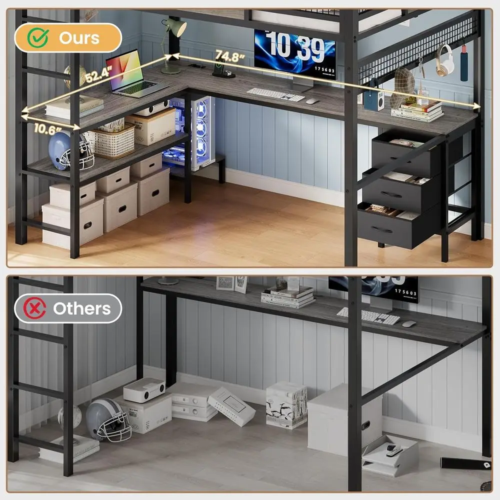 Full Size Loft Bed with L-Shaped Desk, 3 Storage Drawers, LED Lights, Charging Station, Open Storage Shelf, Metal Bed Frame with view 3