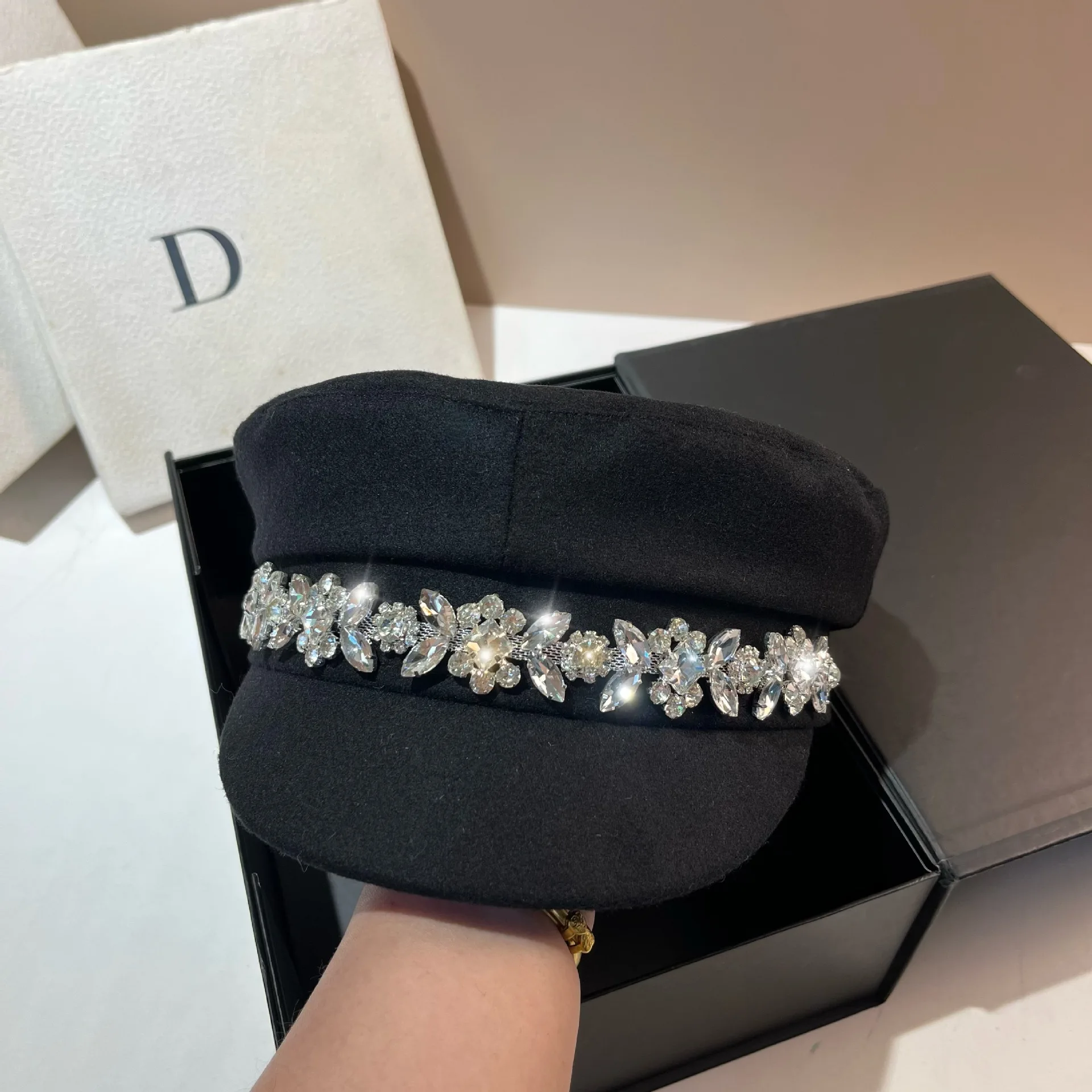 Luxurious Heavy-Duty Water Diamond Woolen Navy Cap Women's Autumn Winter New Style Small Fragrance Wind Black Newsboy Cap Trendy