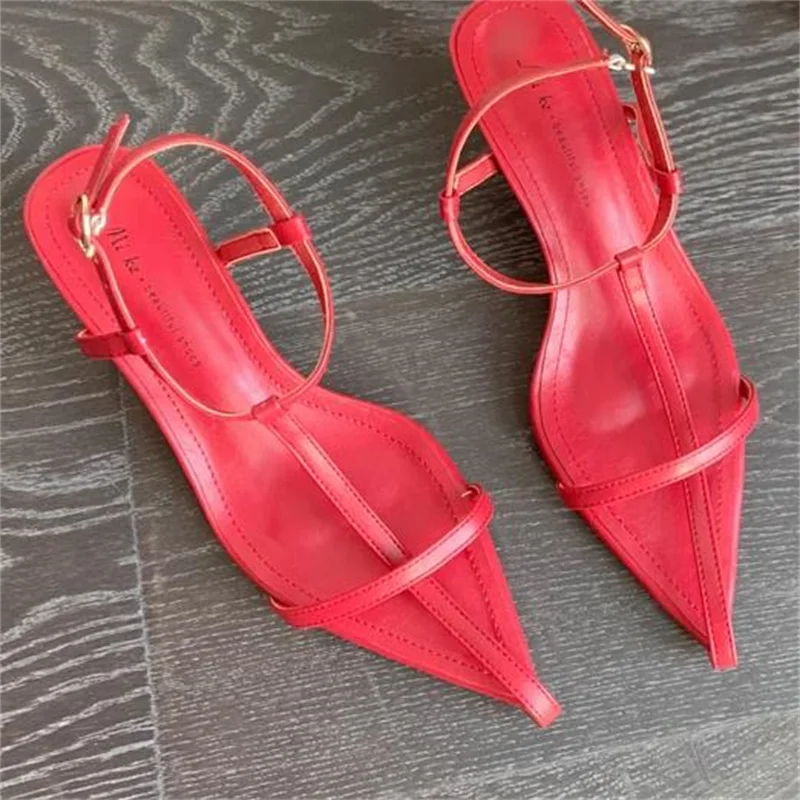 Crossover Strap Shoes for Lady Pointed Toes Women Mid Heels Sewing Lines Female Sandals PU Leather Tacones Buckle Chassure Femme