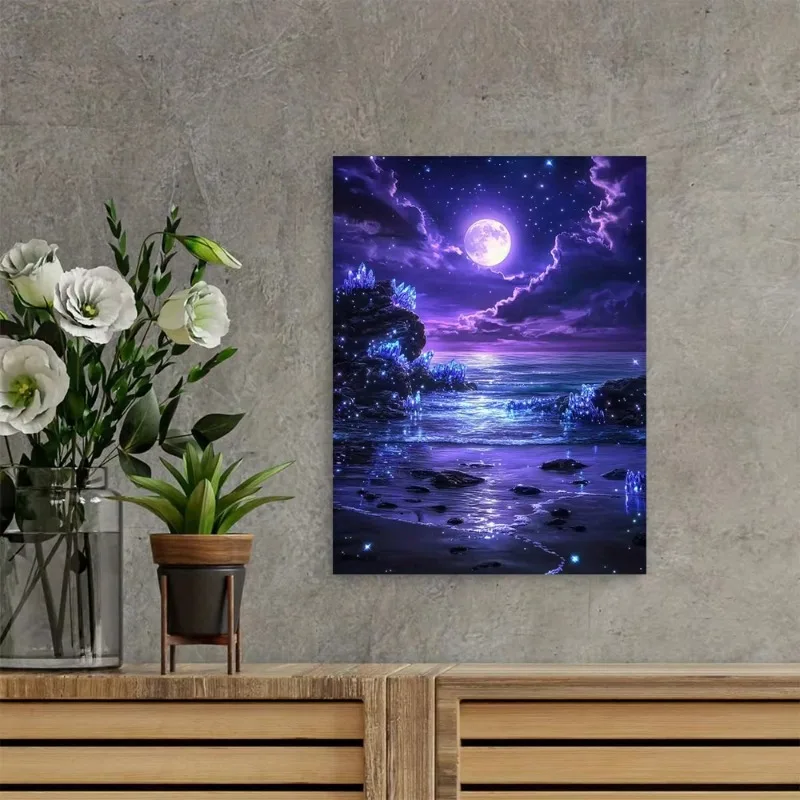 Full Moon Over Purple Luminous Beach Poster Prints Abstract Landscape Canvas Painting Wall Art Picture for LivingRoom Home De