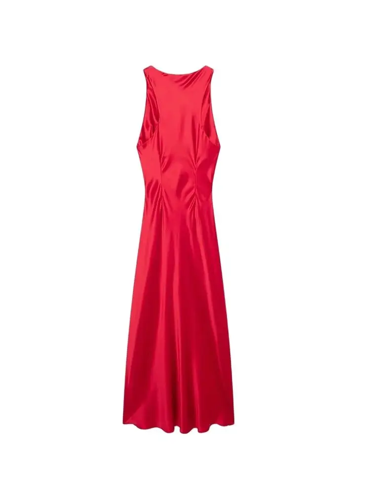 Women\'s Fitted Satin Midi Dress, Side with Gathered, O Neck, Sleeveless, Female Dresses, Chic Fashion