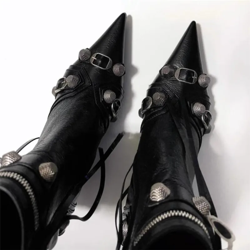 Rivet Woman Short Ankle Boots Black Side Zipper Thin Heel Women Pointed Toe Punk Motorcycle Boot