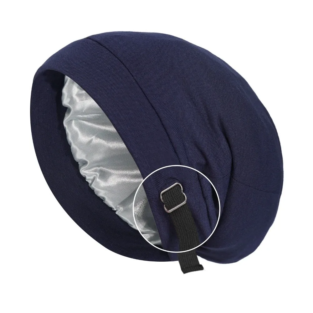

New Satin Lining Night Sleep Cap Solid Color Double Layer Baggy Hat Elastic Adjustable Head Wraps