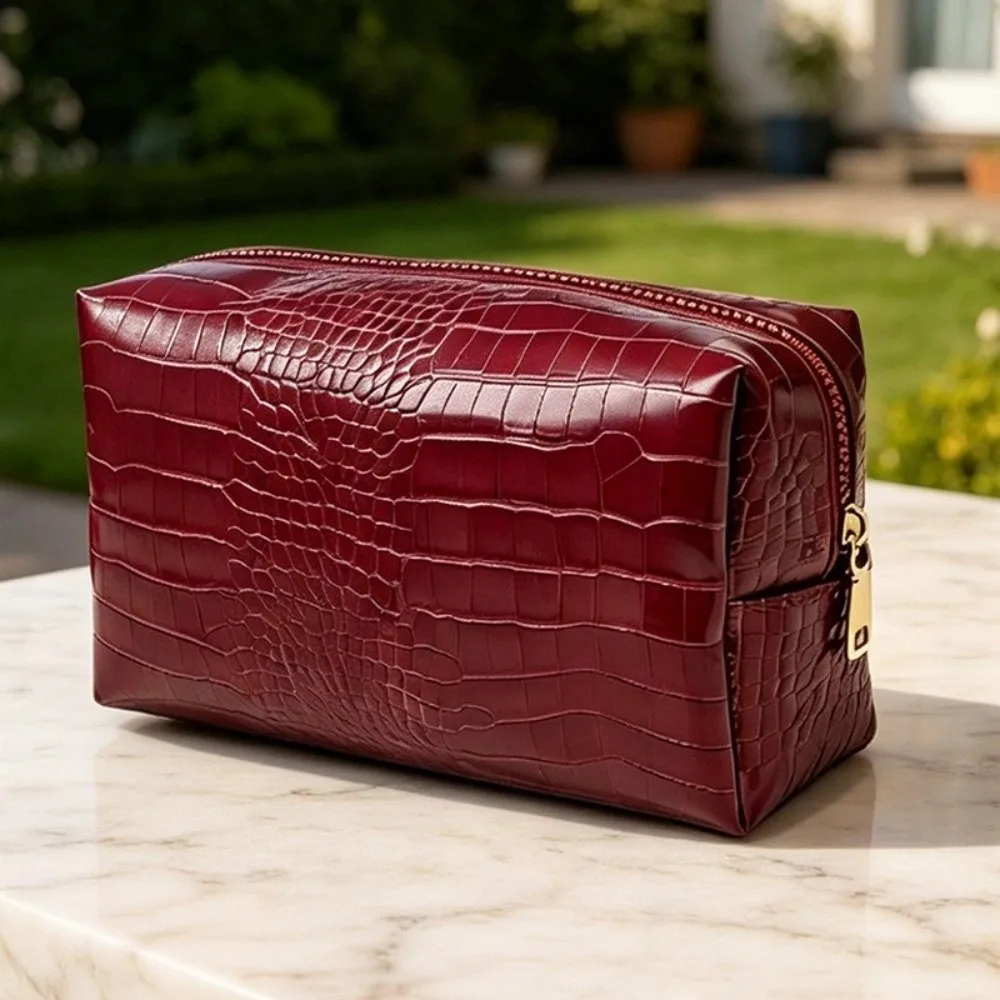 PU-Leder Kosmetiktasche Wasserdicht Große Kapazität Kosmetikbeutel Krokodilprägung Reißverschluss Kosmetiktasche für Reisen – Detail 10