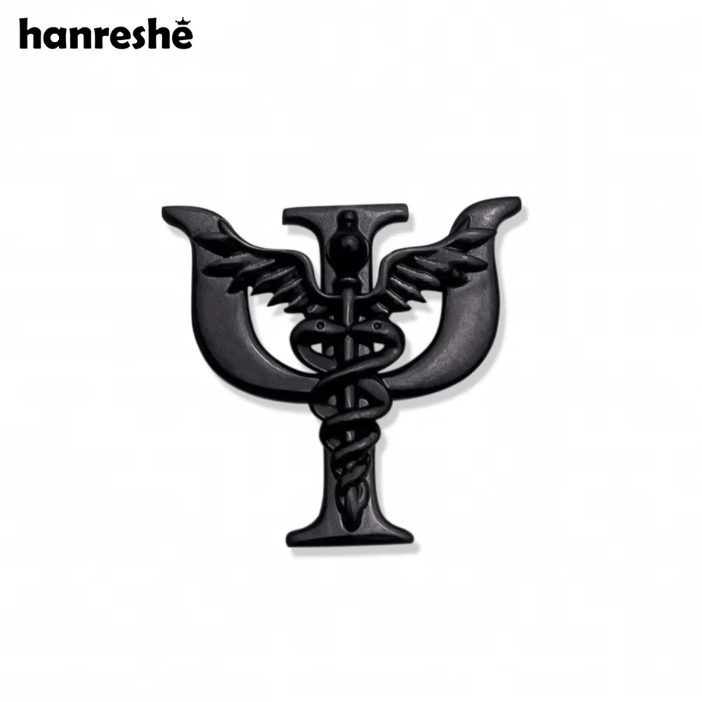 Hanreshe Psi Caduceus broche de esmalte negro psicología médica solapa abrigo serpiente palo insignia Pins joyería para médico psicólogo