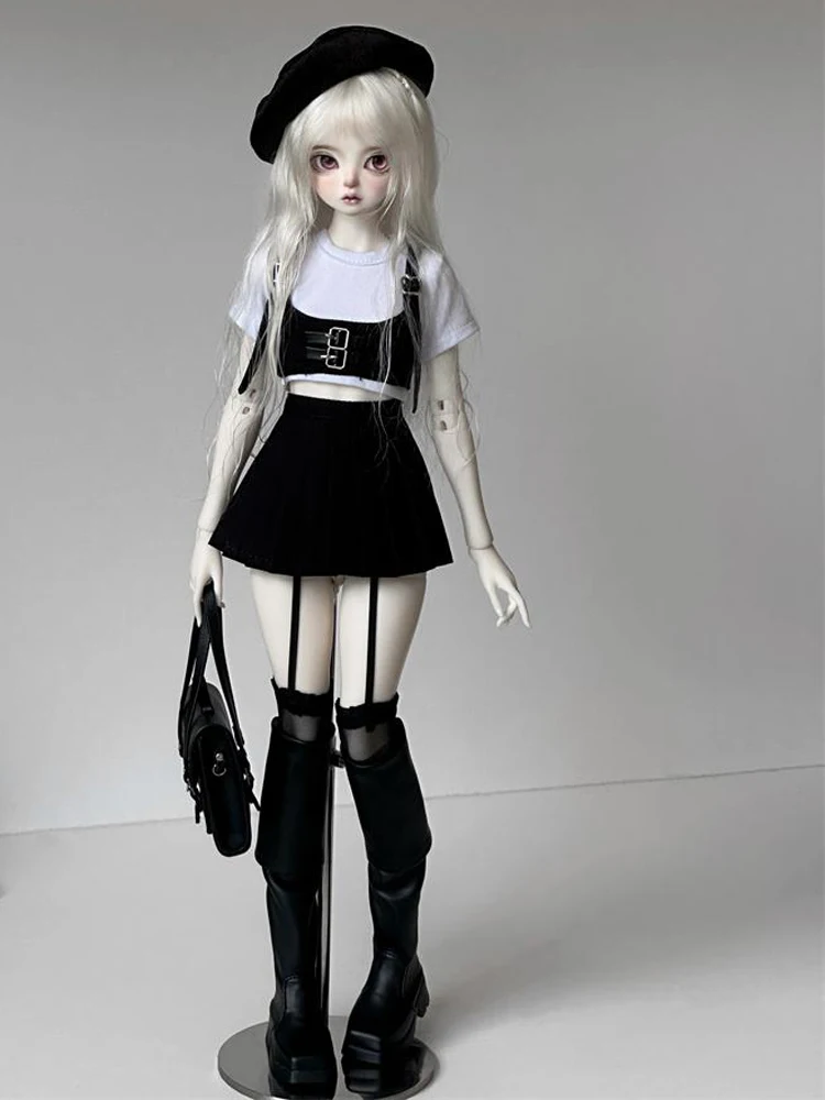 D09-P345 children handmade toy 1/4 msd bjd doll clothes black short seelve Strap Cool pants drees 4pcs/Set