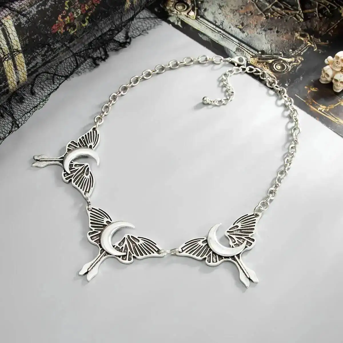 

PuRui Women's Vintage Goth Silver Color Butterfly Moon Pendant Necklace Creative Punk Charm Halloween Jewelry Accessory