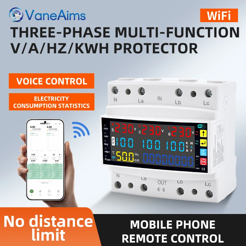 DIN Rail WiFi Smart Protector 3 Phase 100A AC230V Over Under Voltage Current Frequency Leakage Temperature Protection Switch