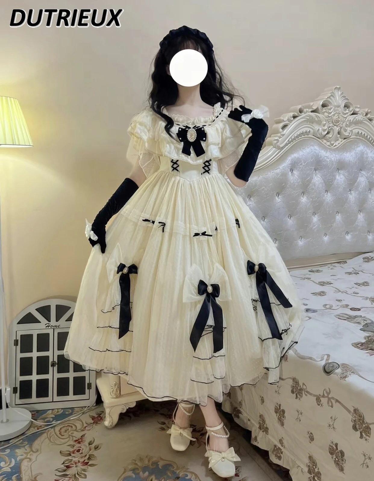 Sweet Elegant Gorgeous Generate Color Short Sleeve Off-Shoulder Dress Women Lolita Waist Slimming Long Princess Dresses