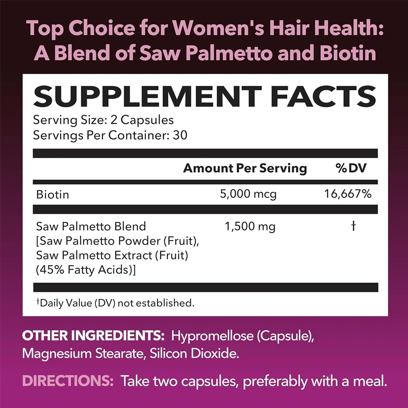 Ladies saw palm+5000 mcg biotin supplement - DHT blocker for hair health-supports stronger appearance of postpartum women's hair