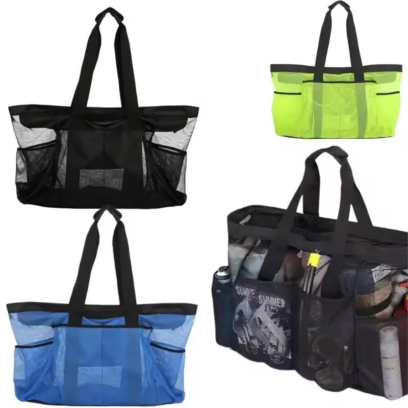 1PCS Large Capacity Beach Bag Mesh Beach Tote Bag Portable Folding for Shopping Swimming Camping Handbag Swim Pool Bag for Trip