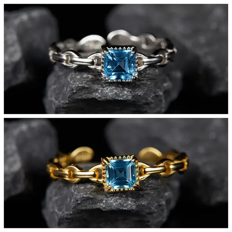 Color Treasure Ring Wholesale S925 Sterling Silver Inlaid Natural Topaz Sugar Cube Open Ring Ring Fashion High Sense Women