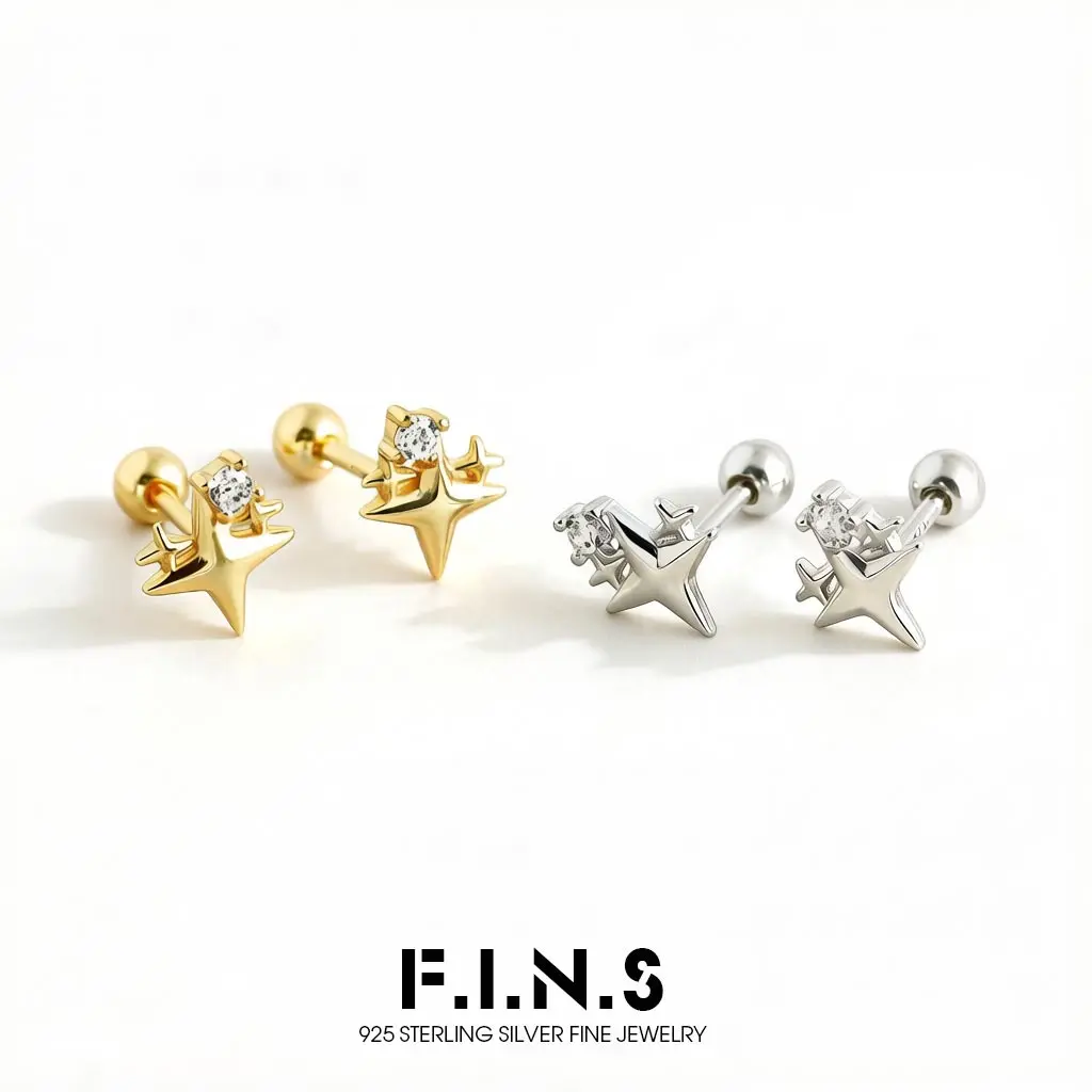 F.I.N.S 925 Sterling Silver Shiny Star Piercing Screw Bead Stud Earrings for Women Fashion Small Ear Bone Jewelry Accessories