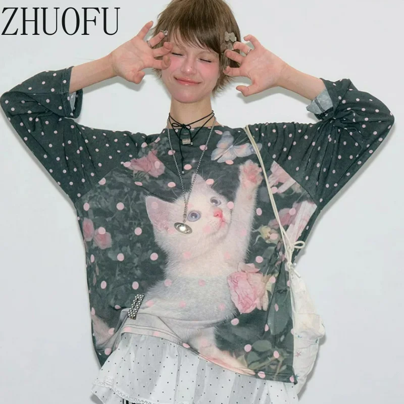 2026 Autumn New Women's Clothing American Retro Design Cute Polka Dot Animal Print Dark Gray Loose Long-sleeved T-shirt Ladies