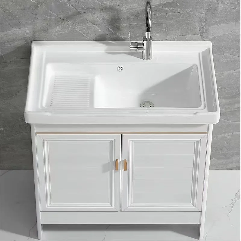 Bathroom Balcony Ceramic Laundry Basin with Rub Board Sink Space Aluminum White Floor-to-ceiling Bathroom Cabinet