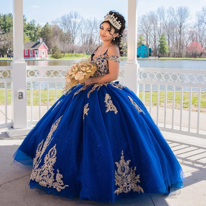 

2023 Navy Blue Princess Ball Gown Sweetheart Quinceanera Dresses Gold Lace Appliques Corset Prom Vestido De 15 Anos