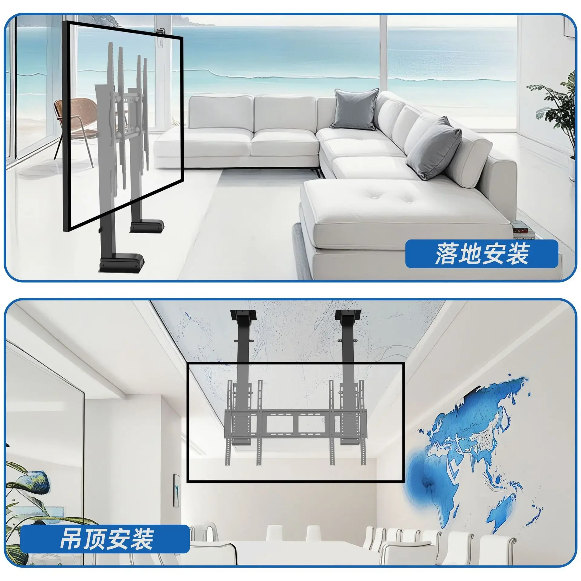 2026 New 32-100 Inch Motorized Double Column Ceiling Drop Down TV Lift / Height Adjustable TV Stand TV Mount For Cabinet And Cei