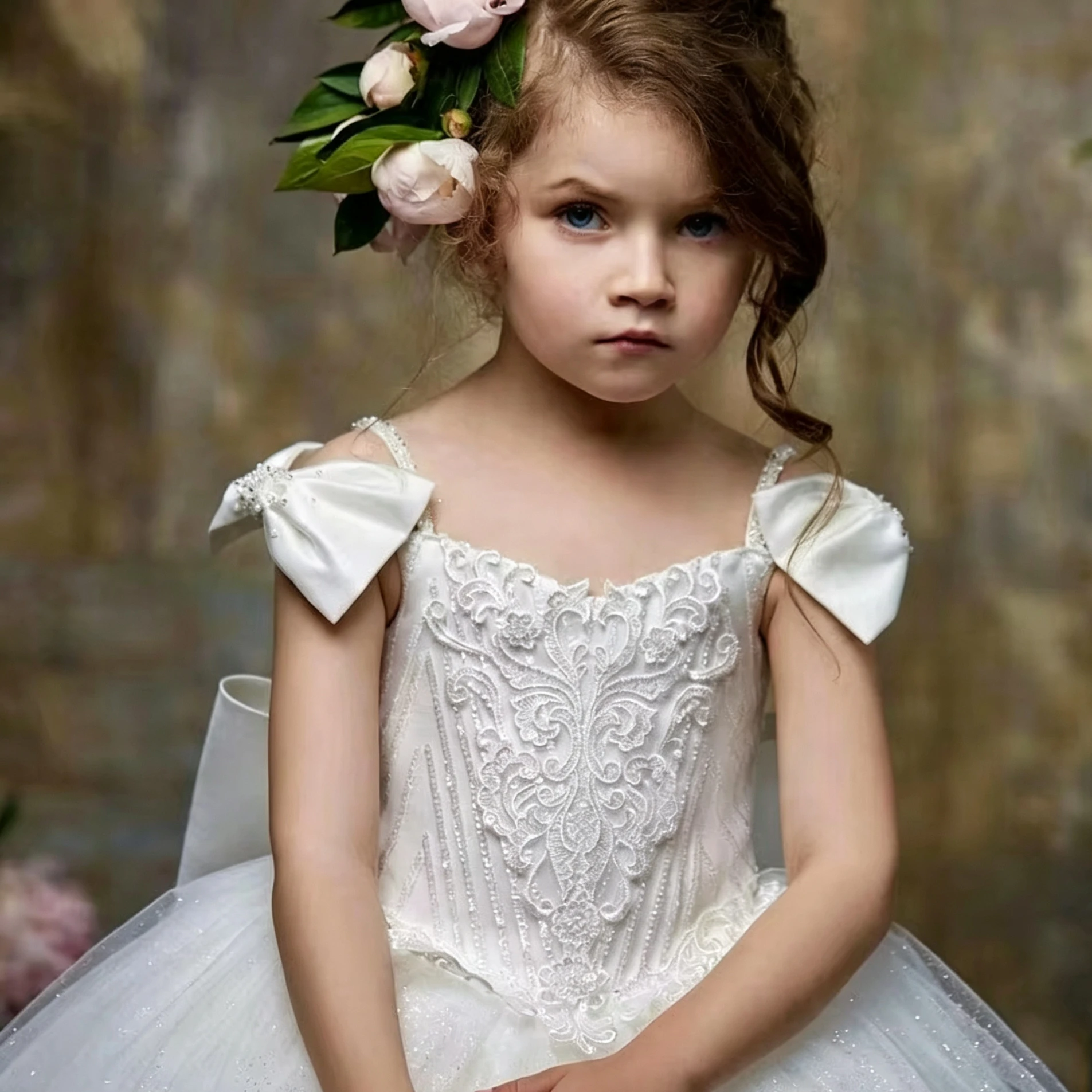Customized White Flower Girl Dress For Wedding Lace Bow Short Sleeve Floor Length Elegant Kids Birthday First Communion Gown