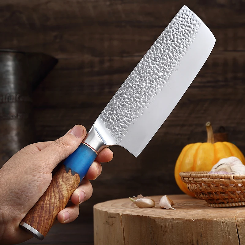 

TJ POP Chinese Hammered 6.5 Inch Nakiri Knife 5Cr15 Stainless Steel Kitchen Knife Resin Wood Handle Sharp Cutting Slicing Knife