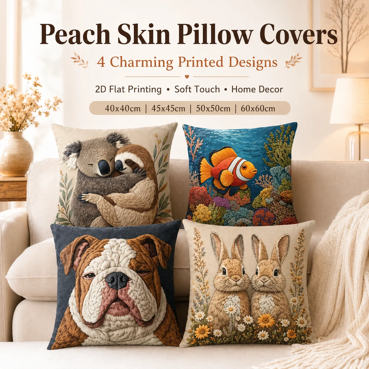 

Peach Skin Cushion Cover 2D Flat Printing Faux Embroidery Koala Sloth Rabbit Bulldog Throw Pillow Case Sofa Home Decor 45x45