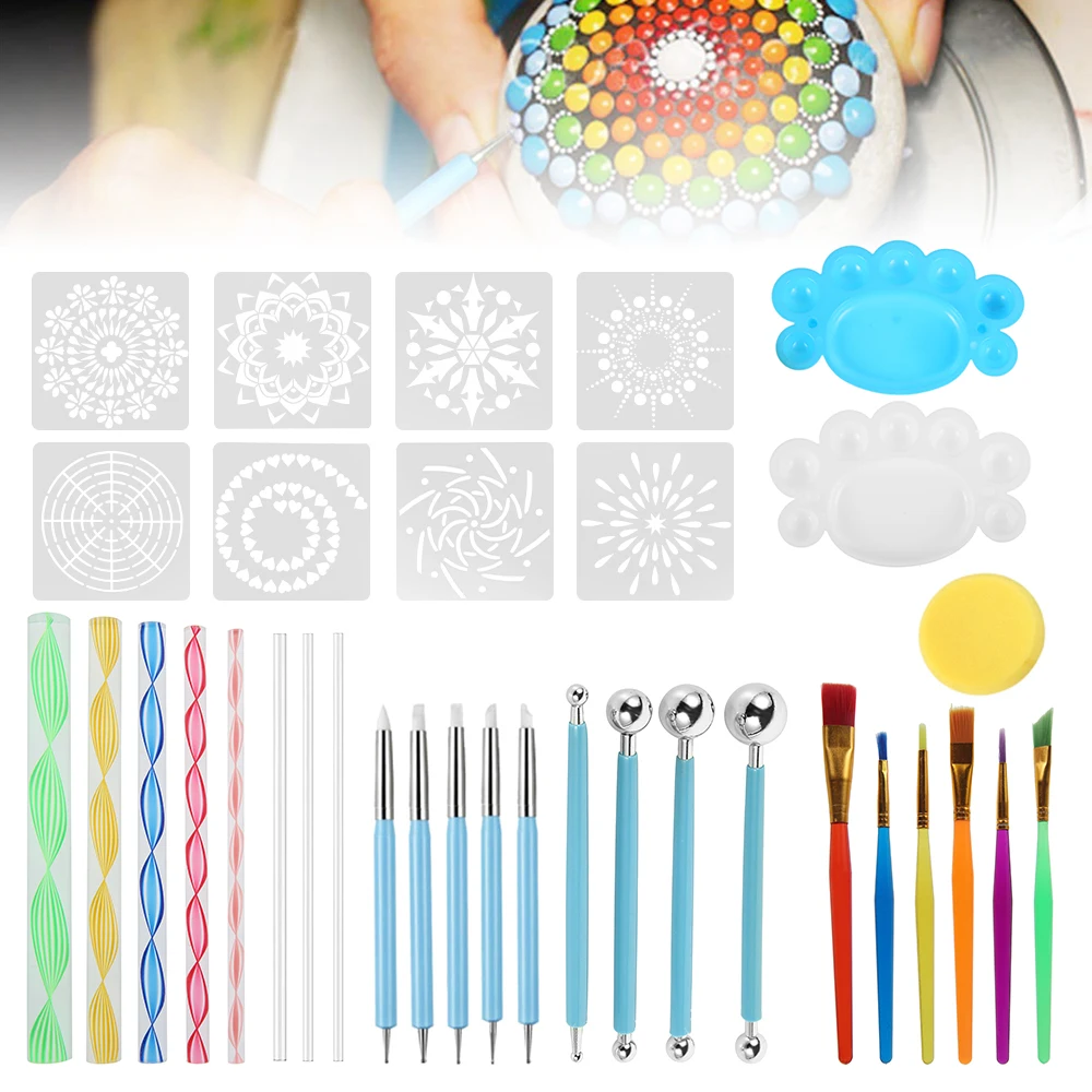 

Набор инструментов для раскрашивания мандалы, полный набор инструментов для рисования на камне, портативные трафареты для камней, набор инструментов для рисования