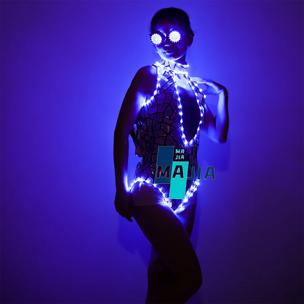Abito da festa da donna a LED Clubwear sexy argento, abito da performance in PU senza maniche con luci per la festa serale di ballerini GoGo da discoteca
