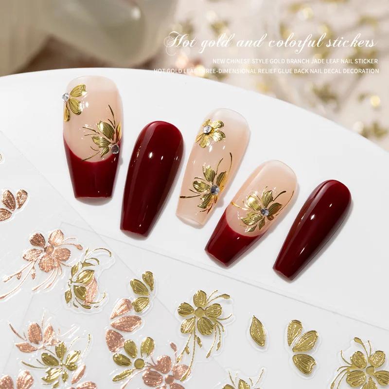 New Ornament Relief Rich Flower Branches Retro Manicure Bronzing Sticker Jade Leaves Stickers Decals Nail Art Tools