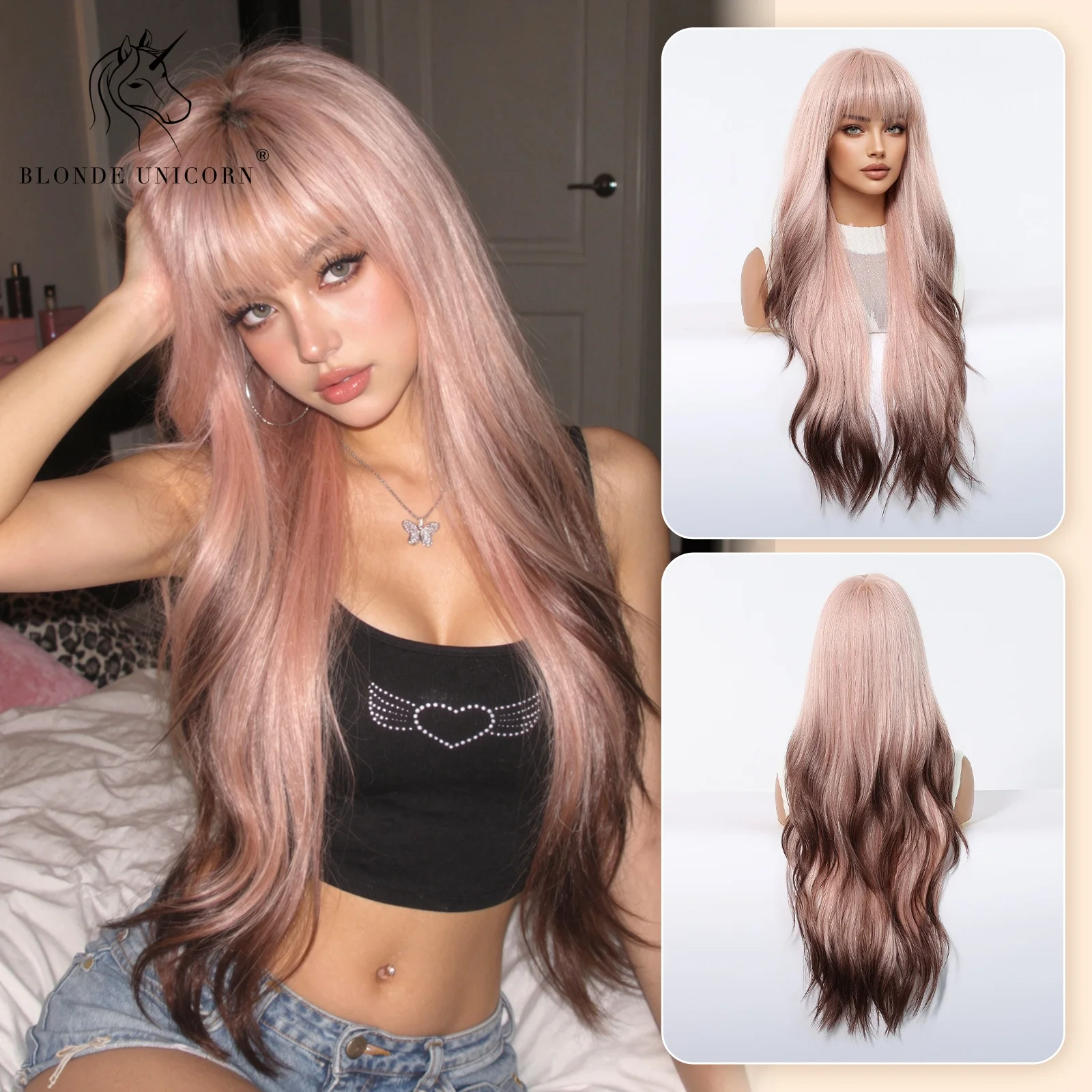 Long Wavy Dirty Pink Wig with Bangs Y2K Anime Cosplay Natural Looking Synthetic Hair for Women Halloween Party Costume