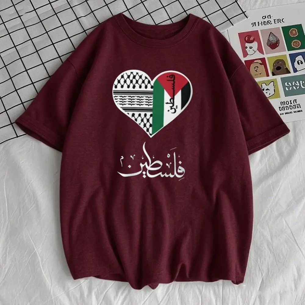 تي شيرت البطيخ على شكل قلب فلسطيني مكتوب باللغة الإنجليزية والعربية حامل لهدايا التضامن غزالا قميص نسائي برقبة دائرية