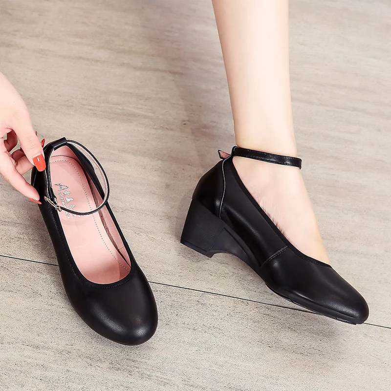 One-button Work Shoes Women Black Leather Shoes Work Shoes Not Tired Feet Thick Shoes Soft Sole Professional Women's Shoes 33