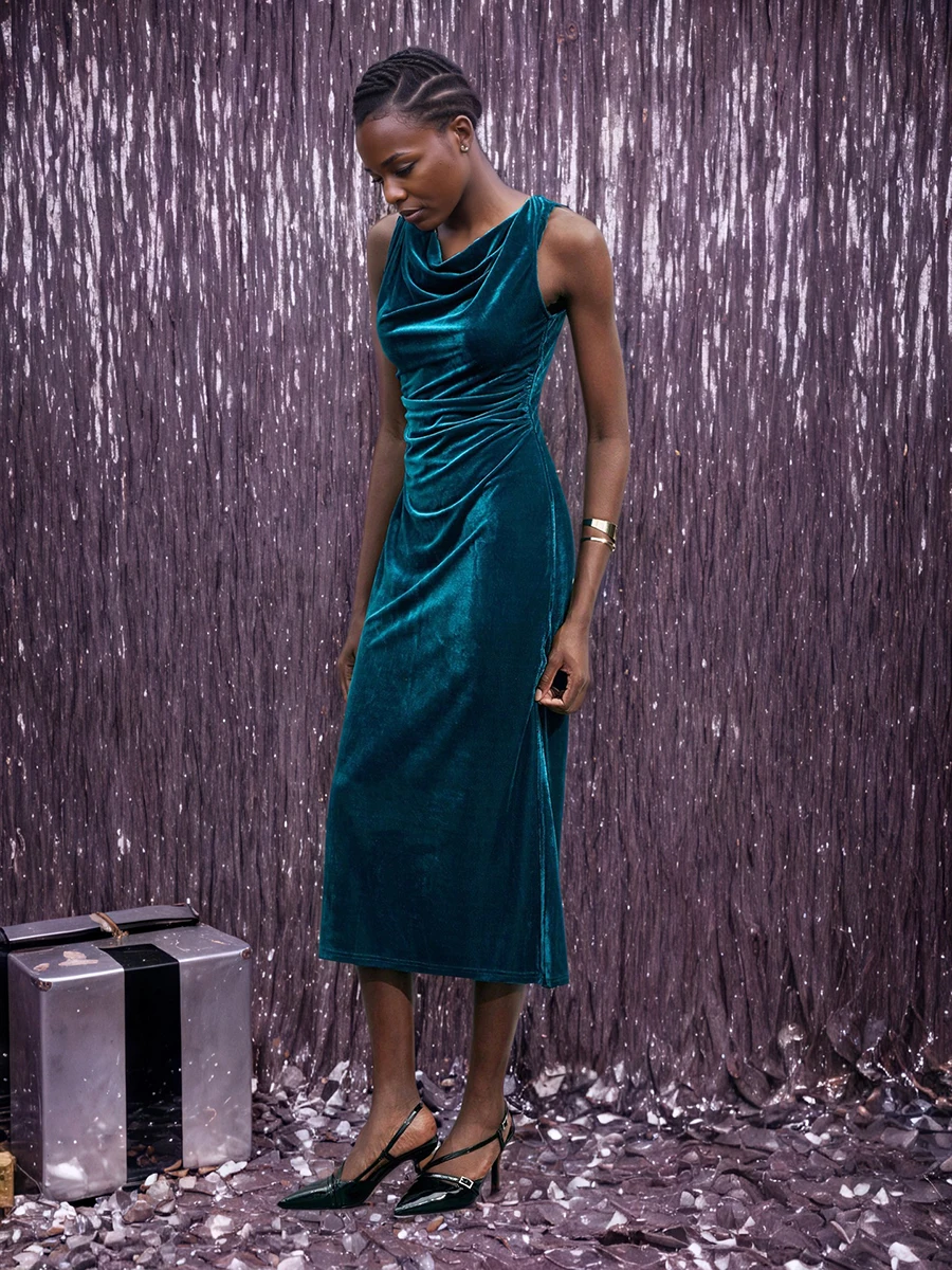 2026 المخملية فستان بلا أكمام المرأة موضة مساء فستان الحفلات سيدة أنيقة Verstidos جديد التخسيس صالح السباغيتي فستان بحزام طويل #2