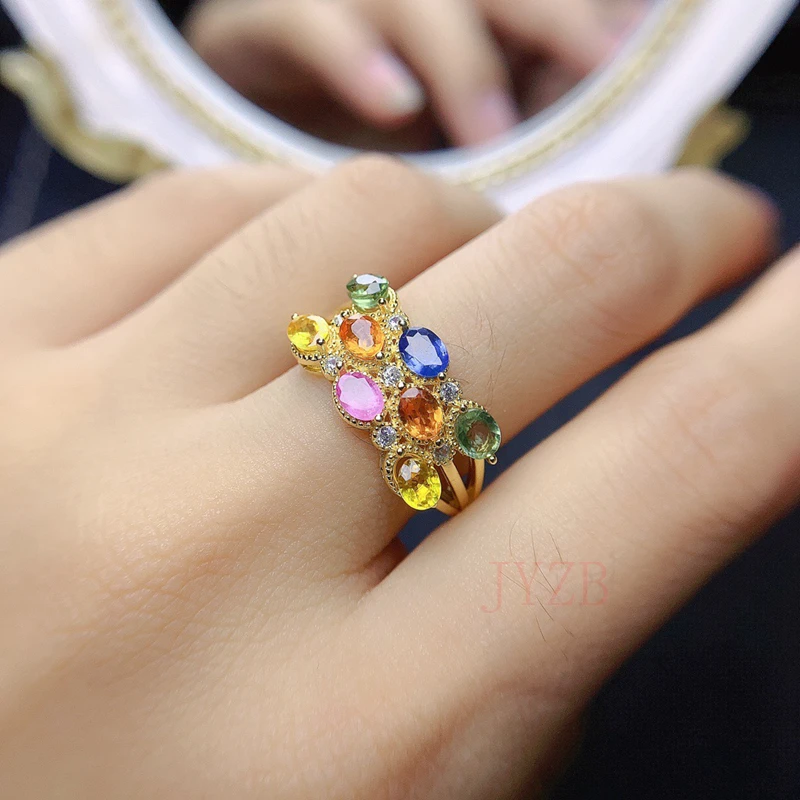 Fine natural color sapphire silver inlaid row ring female color treasure gift ornaments