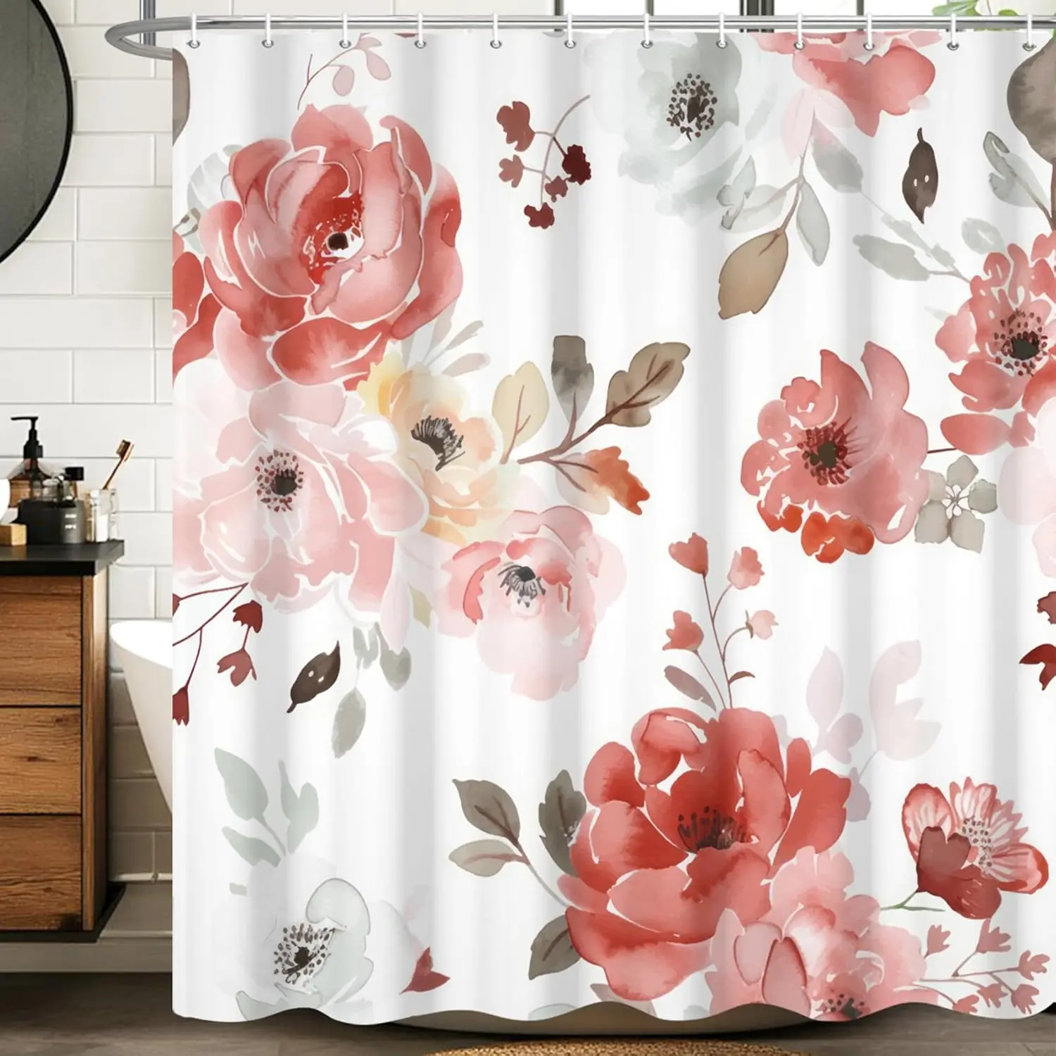 

Водонепроницаемая декоративная занавеска для душа с акварельным цветочным букетом из розовых и красных цветов для декора ванной комнаты в стиле фермерского дома