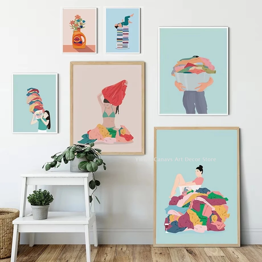 Laundry Girl Washing Machine Bathtub Hair Dryer Wall Art Canvas Painting Nordic Poster Print Pictures for Living Room Decor Gift