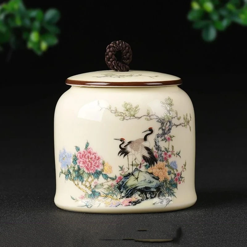 Chinese Style Flower Bird Painting Ceramic Jar Household Sealed Tea Canny Home Decoration Moisture-proof Tea Storage Jar