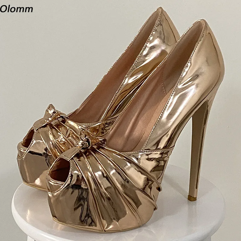 

Olomm Women Glossy Pumps Sexy Thin High Heels Pumps Charm Peep Toe Gorgeous Gold Champagne Silver Party Shoes Women US Size 5-20