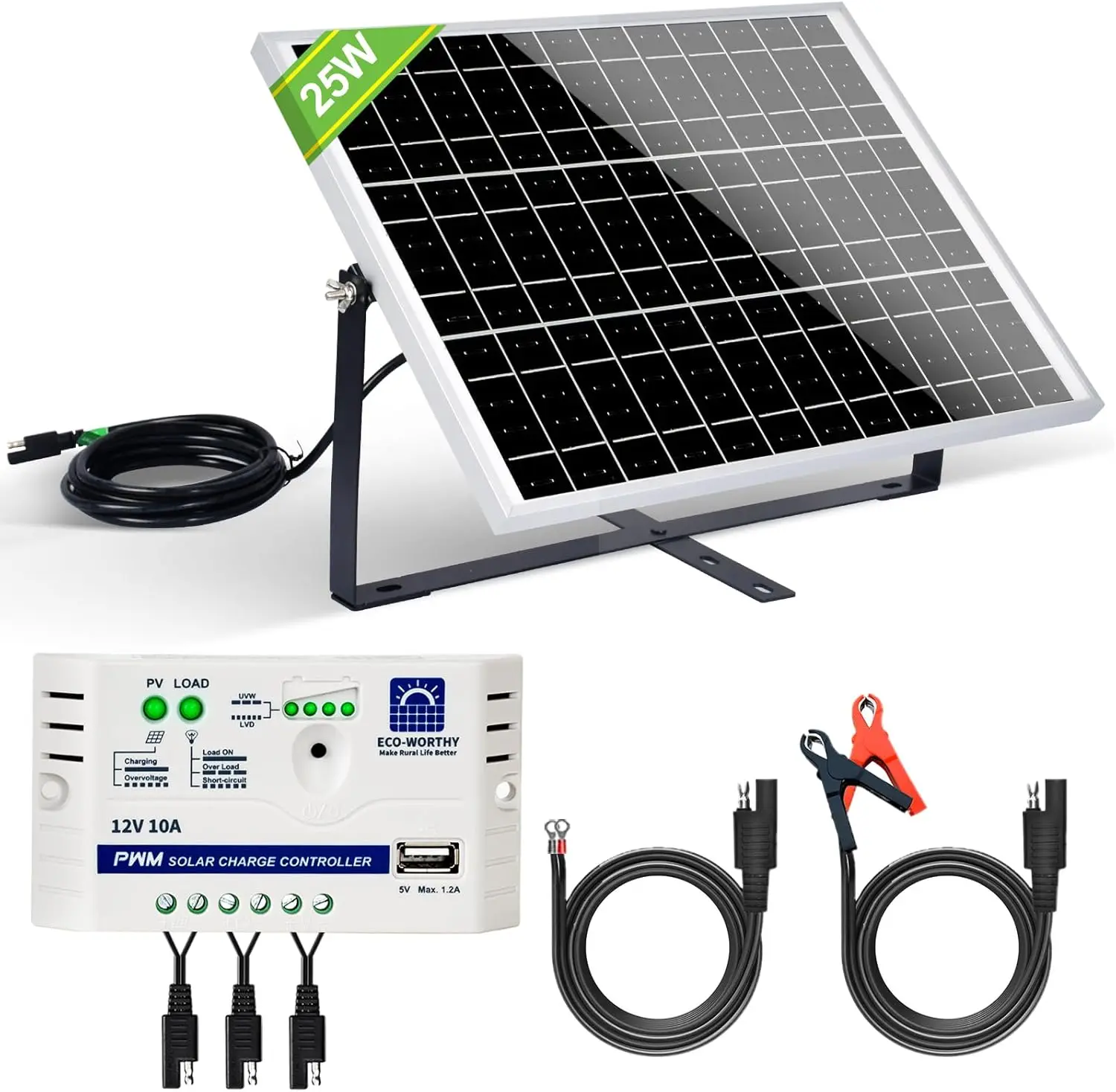 25 Watts 12V Off Grid Solar Panel SAE Connector Kit: Waterproof 25W Solar Panel + Adjustable Mount Bracket+ SAE Connection Cable