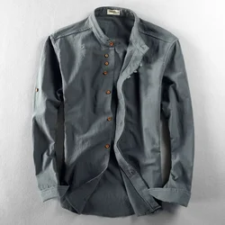 M-7XL 2023 printemps et automne nouveau hommes chemises décontractées rétro style chinois col montant mince coton lin chemise à manches longues