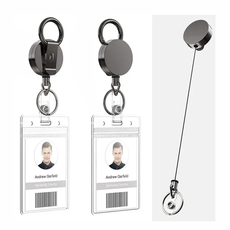 1PC Black Electroplate Metal Retractable Badge Reel Badge Clip Work ID Card Cover Holder Easy Pull Elastic Keychain Lanyards