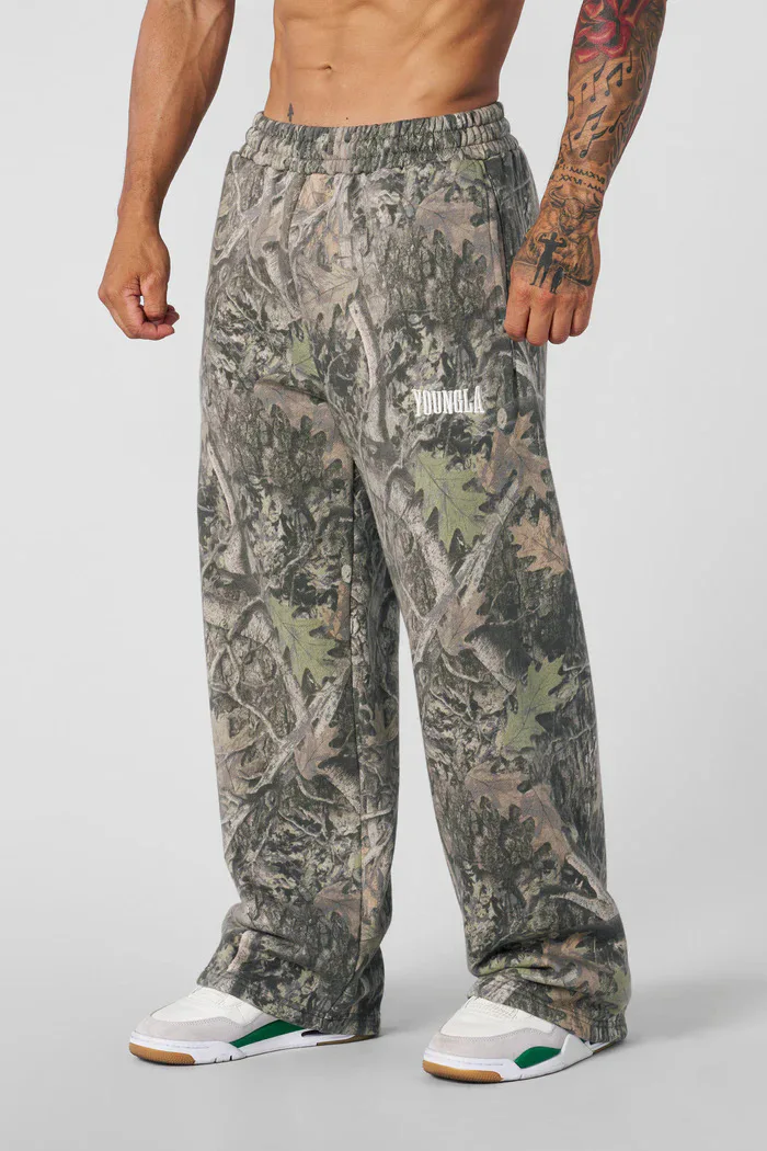 Alt Style Camo All Over Print Floor Sweeping Flare Jeans Retro Washed Loose Wide Leg Straight Trousers Unisex Street Casual Deni